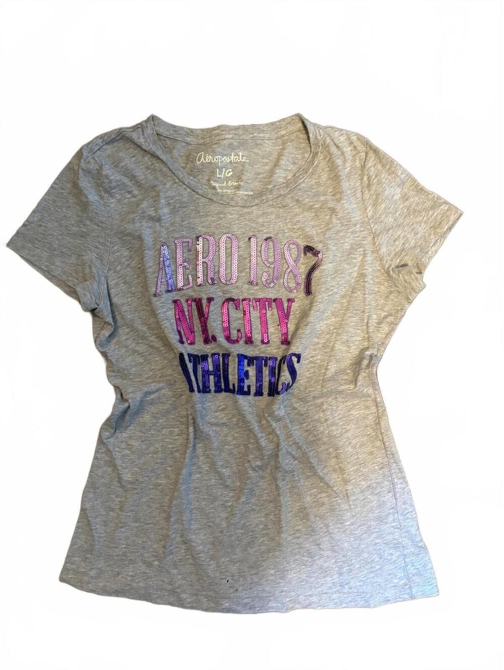 Aeropostale Gray Sequin Graphic Tee Large AERO 1987 NY City Athletics